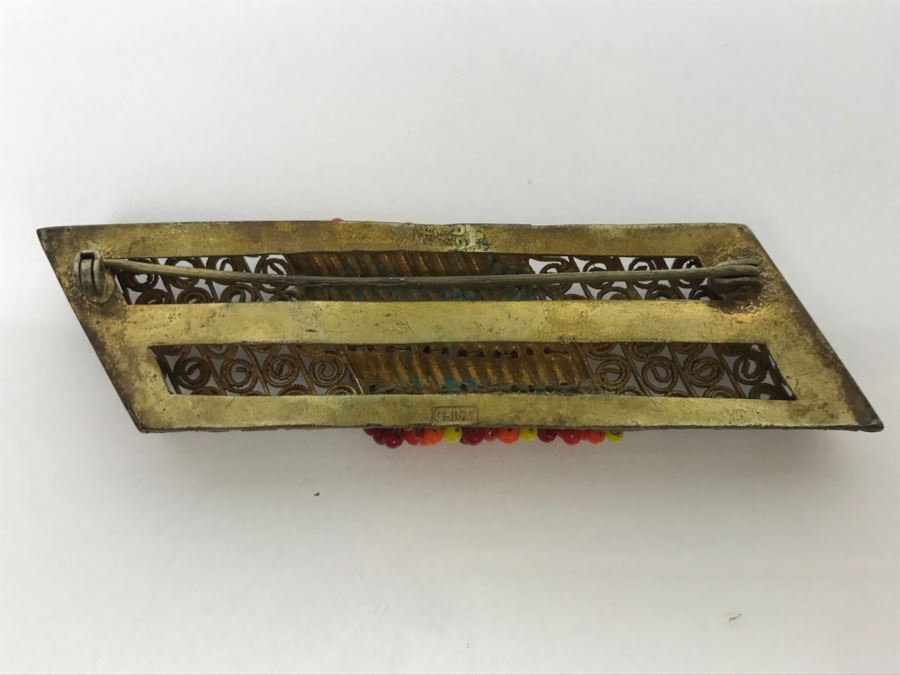 Vintage Signed Chinese Brass And Bead Brooch Pin [Photo 5]