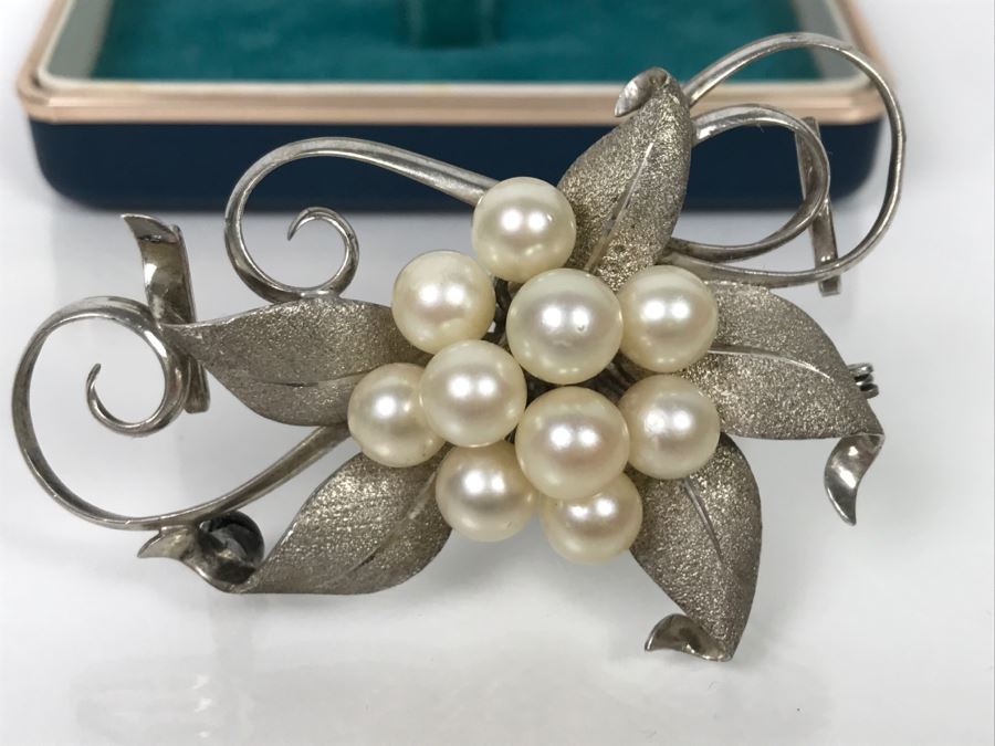 Vintage 1950s Sterling Silver Brooch Pin With Akoya Cultured Pearls 18.9g FMV $200 [Photo 5]