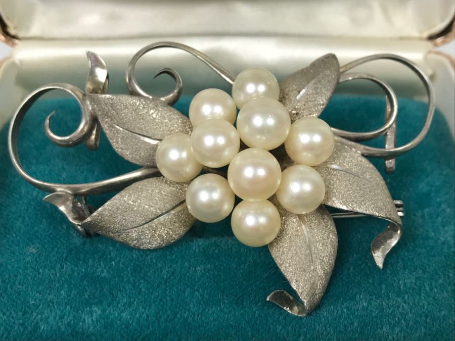 Vintage 1950s Sterling Silver Brooch Pin With Akoya Cultured Pearls 18 ...