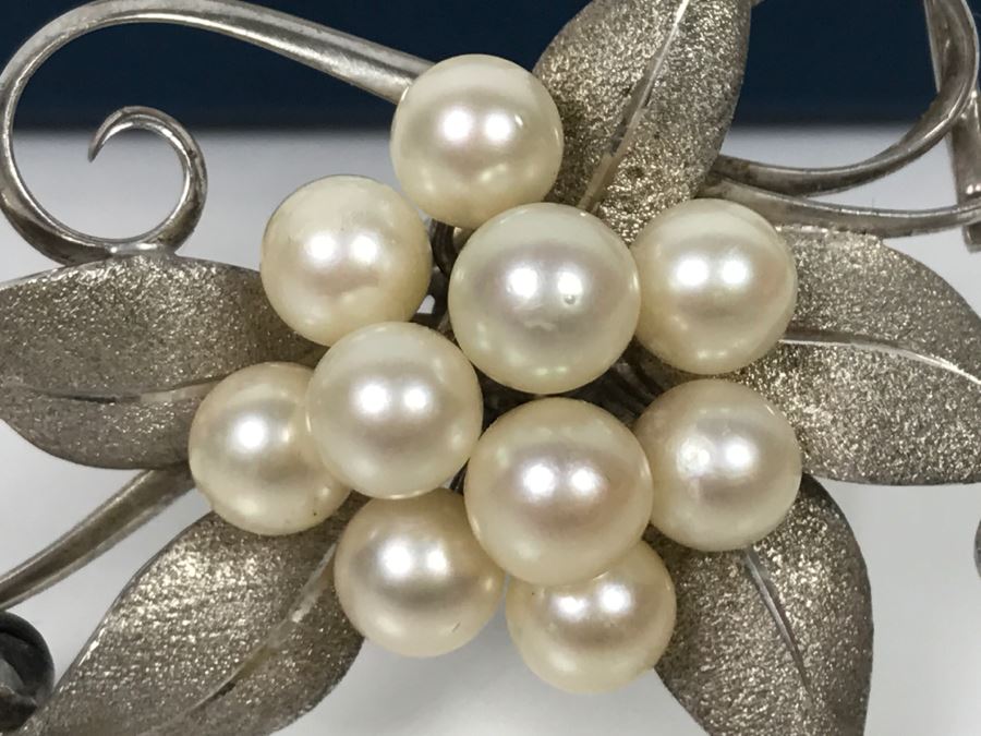Vintage 1950s Sterling Silver Brooch Pin With Akoya Cultured Pearls 18.9g FMV $200 [Photo 6]