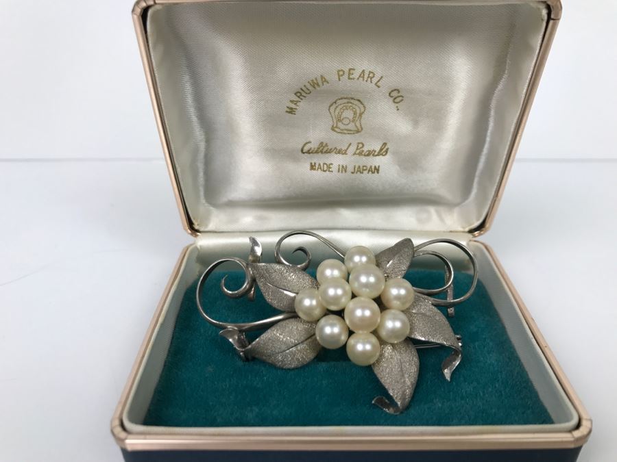 Vintage 1950s Sterling Silver Brooch Pin With Akoya Cultured Pearls 18.9g FMV $200 [Photo 10]