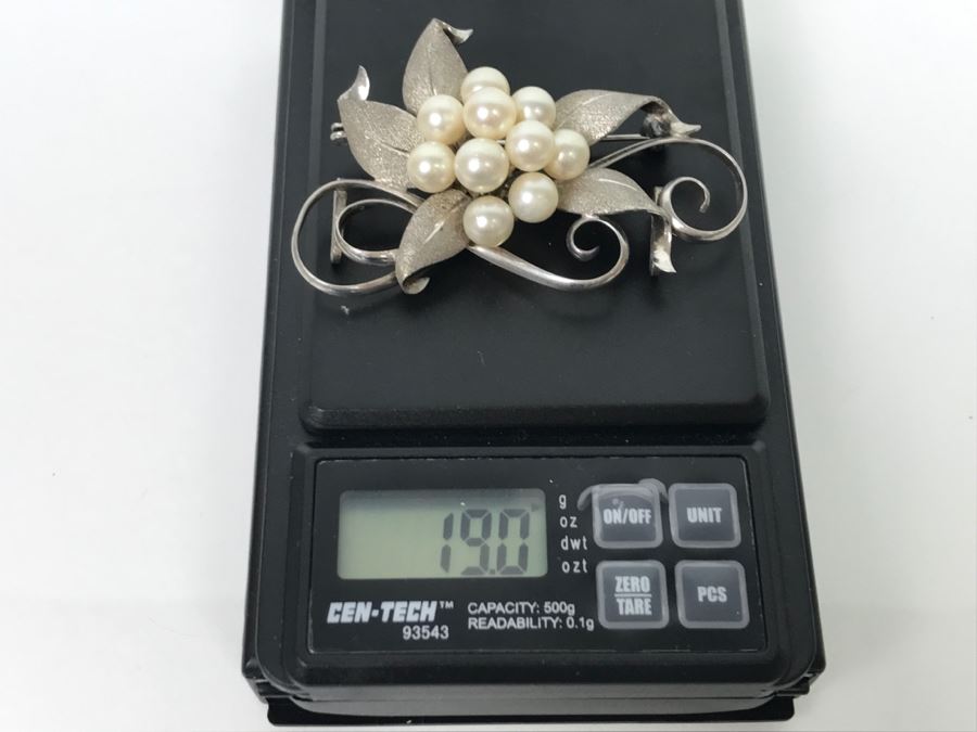 Vintage 1950s Sterling Silver Brooch Pin With Akoya Cultured Pearls 18.9g FMV $200 [Photo 11]
