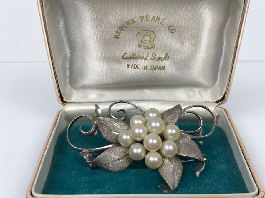Vintage 1950s Sterling Silver Brooch Pin With Akoya Cultured Pearls 18.9g FMV $200 [Photo 9]