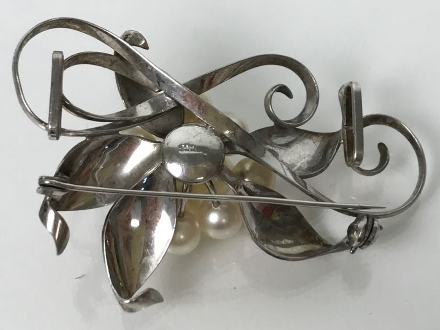 Vintage 1950s Sterling Silver Brooch Pin With Akoya Cultured Pearls 18.9g FMV $200 [Photo 7]