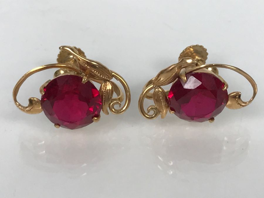 14K Gold Synthetic Ruby Earrings 5.9g [Photo 8]