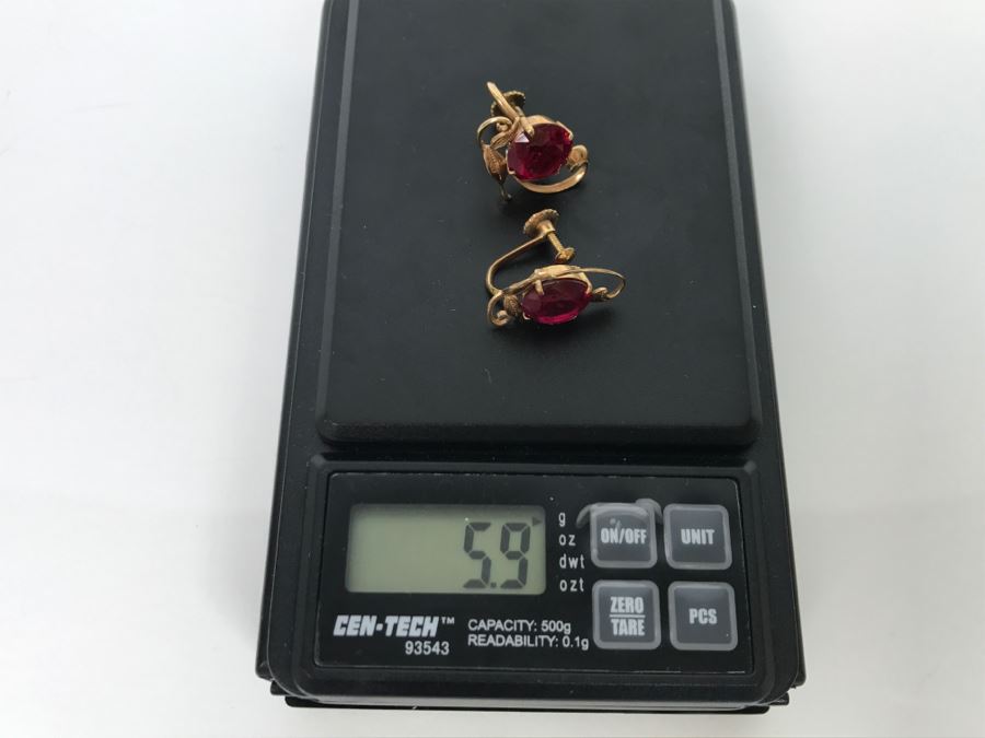 14K Gold Synthetic Ruby Earrings 5.9g [Photo 14]