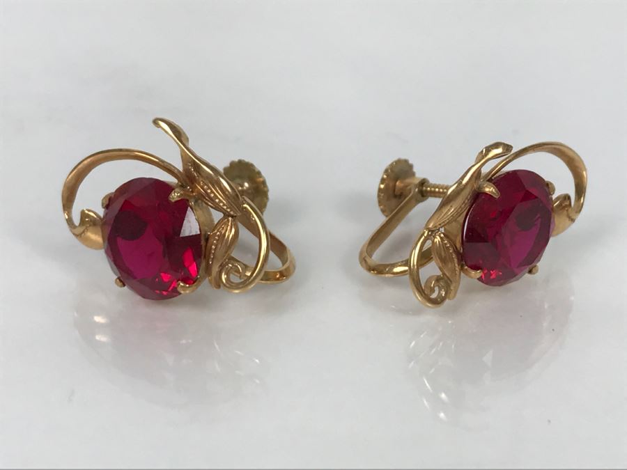 14K Gold Synthetic Ruby Earrings 5.9g