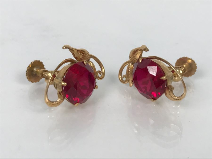 14K Gold Synthetic Ruby Earrings 5.9g [Photo 11]