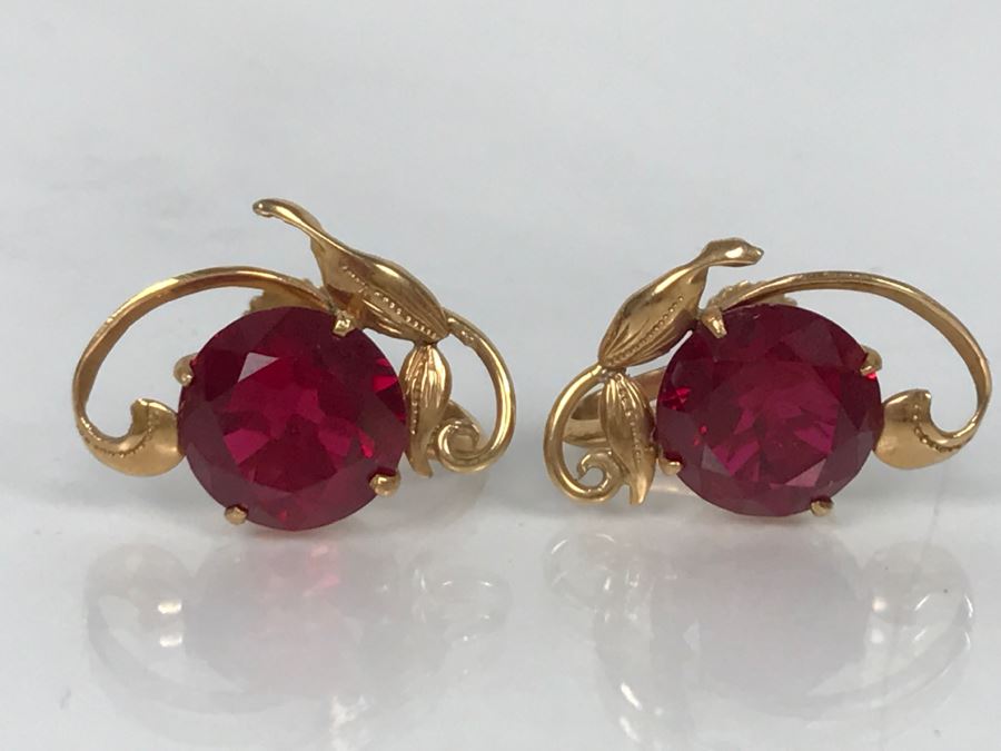 14K Gold Synthetic Ruby Earrings 5.9g [Photo 6]