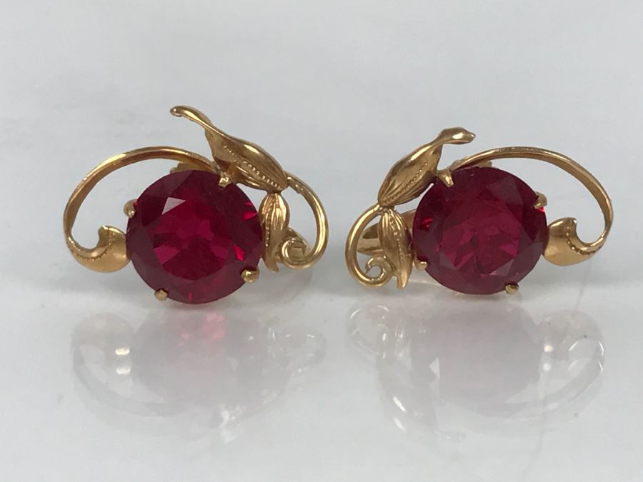 14K Gold Synthetic Ruby Earrings 5.9g