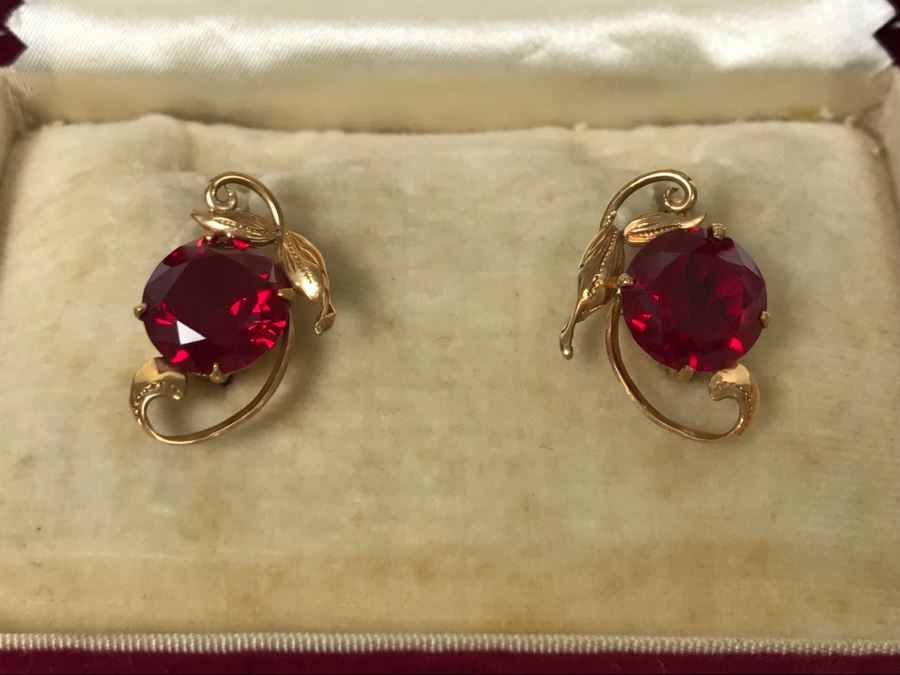 14K Gold Synthetic Ruby Earrings 5.9g [Photo 1]