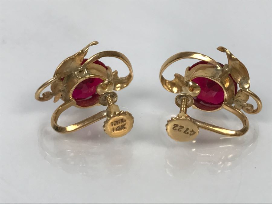 14K Gold Synthetic Ruby Earrings 5.9g