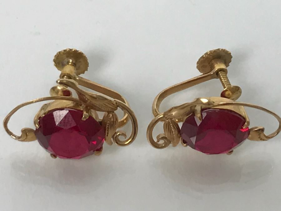 14K Gold Synthetic Ruby Earrings 5.9g [Photo 9]