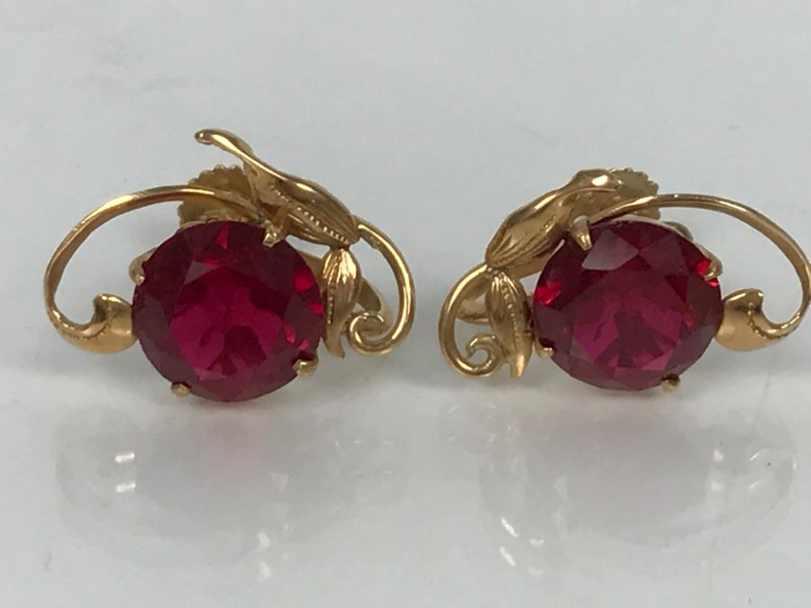 14K Gold Synthetic Ruby Earrings 5.9g [Photo 10]