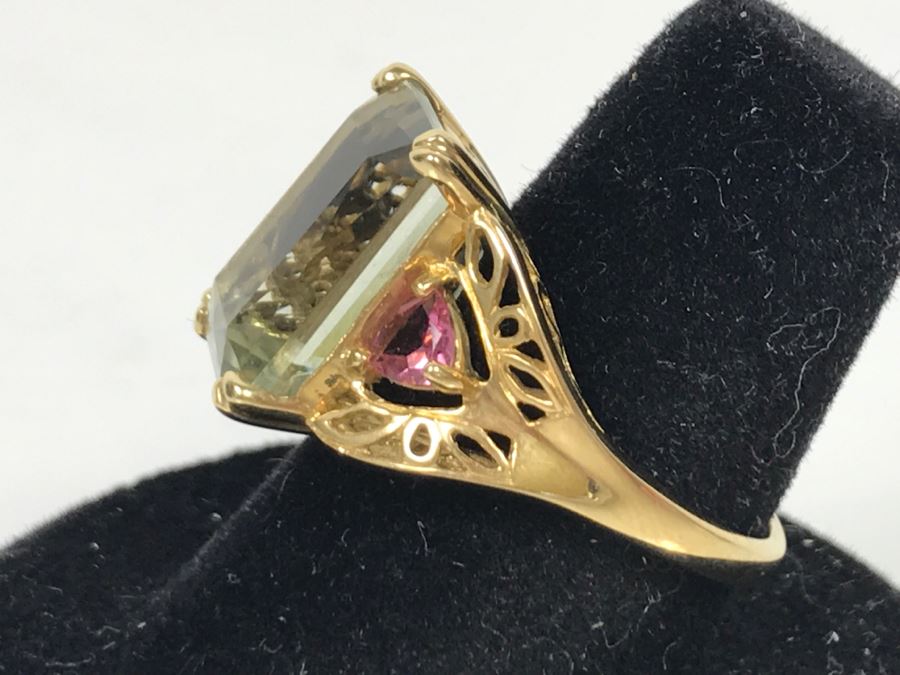14K Green Quartz And Pink Tourmaline Ring 5.3g Size 7 1/4 [Photo 9]