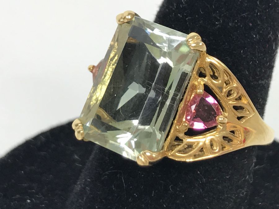 14K Green Quartz And Pink Tourmaline Ring 5.3g Size 7 1/4 [Photo 11]