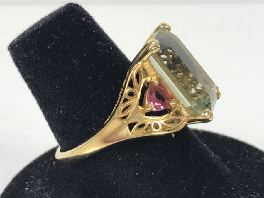 14K Green Quartz And Pink Tourmaline Ring 5.3g Size 7 1/4 [Photo 6]