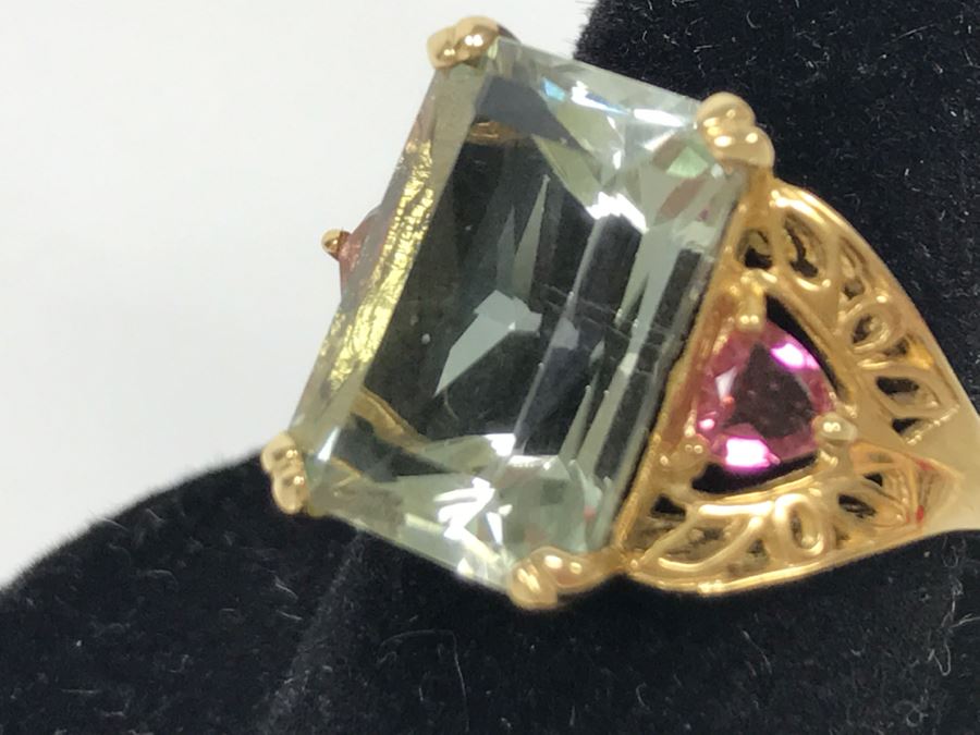 14K Green Quartz And Pink Tourmaline Ring 5.3g Size 7 1/4 [Photo 12]