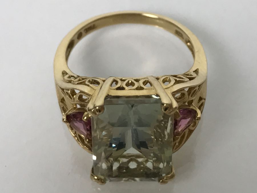 14K Green Quartz And Pink Tourmaline Ring 5.3g Size 7 1/4 [Photo 16]