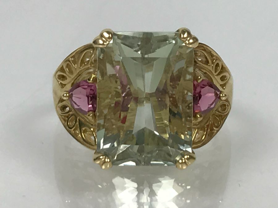 14K Green Quartz And Pink Tourmaline Ring 5.3g Size 7 1/4 [Photo 23]