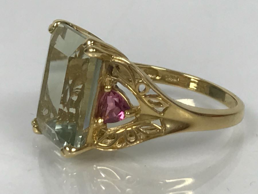 14K Green Quartz And Pink Tourmaline Ring 5.3g Size 7 1/4 [Photo 20]
