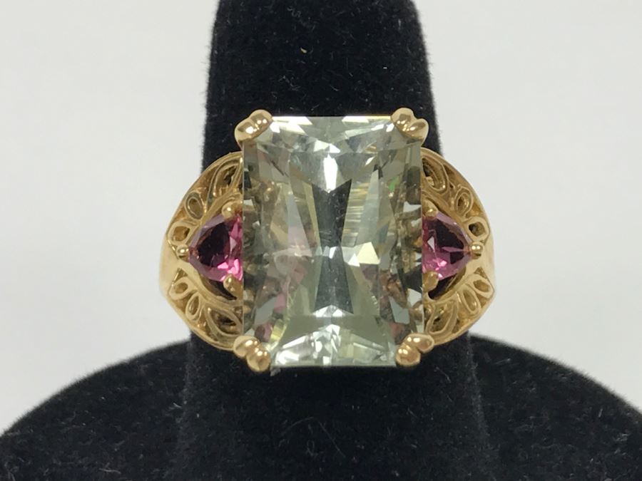 14K Green Quartz And Pink Tourmaline Ring 5.3g Size 7 1/4 [Photo 1]