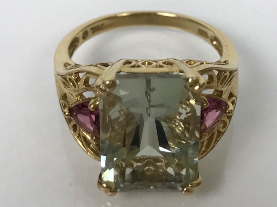 14K Green Quartz And Pink Tourmaline Ring 5.3g Size 7 1/4 [Photo 15]