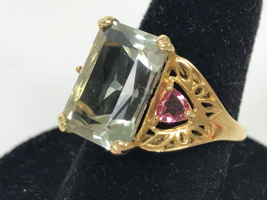 14K Green Quartz And Pink Tourmaline Ring 5.3g Size 7 1/4 [Photo 10]