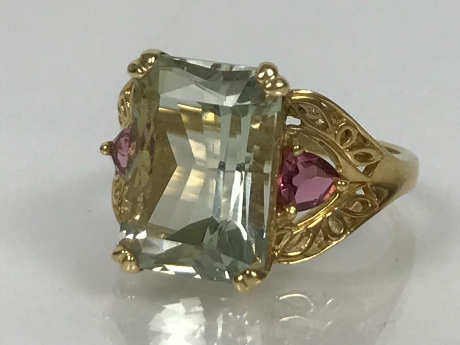 14K Green Quartz And Pink Tourmaline Ring 5.3g Size 7 1/4 [Photo 21]