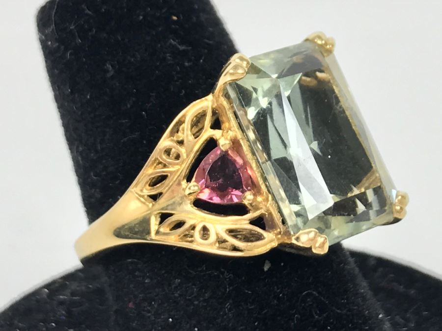 14K Green Quartz And Pink Tourmaline Ring 5.3g Size 7 1/4 [Photo 5]
