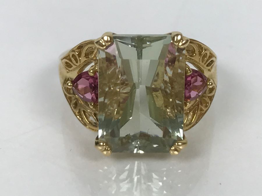 14K Green Quartz And Pink Tourmaline Ring 5.3g Size 7 1/4 [Photo 14]