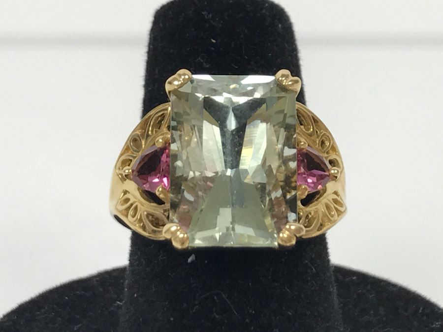 14K Green Quartz And Pink Tourmaline Ring 5.3g Size 7 1/4 [Photo 3]