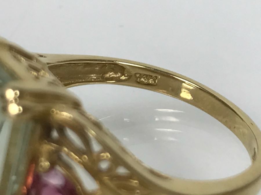 14K Green Quartz And Pink Tourmaline Ring 5.3g Size 7 1/4 [Photo 18]