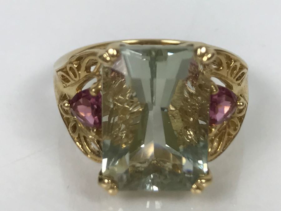 14K Green Quartz And Pink Tourmaline Ring 5.3g Size 7 1/4 [Photo 13]
