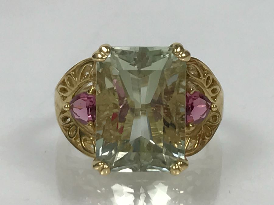 14K Green Quartz And Pink Tourmaline Ring 5.3g Size 7 1/4 [Photo 22]