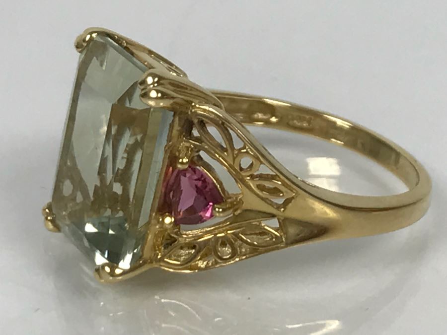14K Green Quartz And Pink Tourmaline Ring 5.3g Size 7 1/4 [Photo 19]
