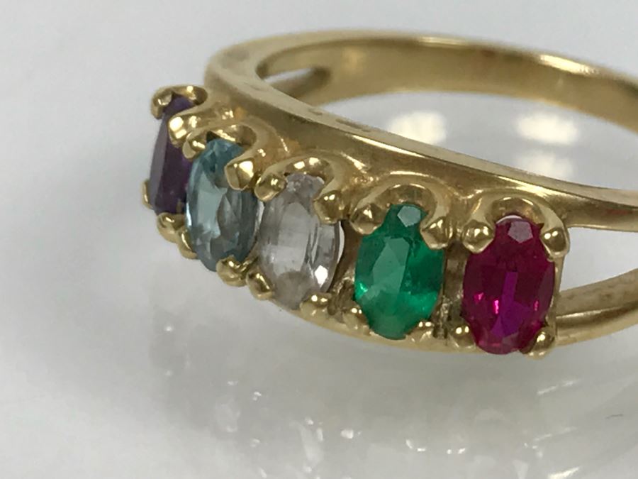 14K Yellow Gold Sentimental Mothers Ring Simulated And Semi-Precious Stones 4.2g [Photo 16]