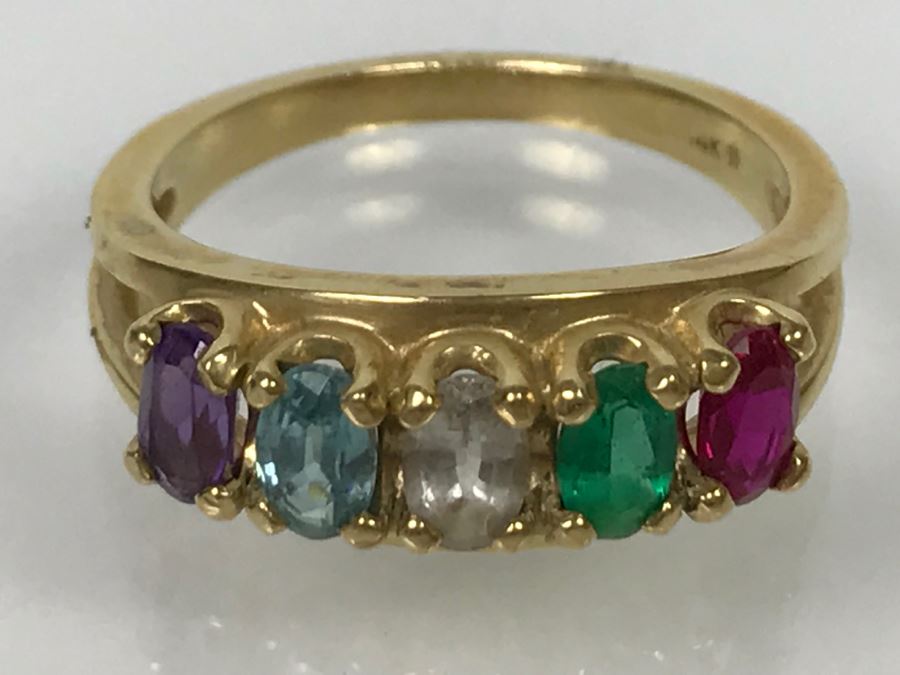14K Yellow Gold Sentimental Mothers Ring Simulated And Semi-Precious Stones 4.2g [Photo 10]