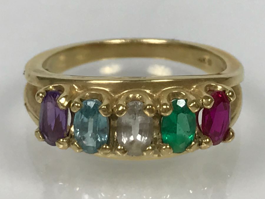 14K Yellow Gold Sentimental Mothers Ring Simulated And Semi-Precious Stones 4.2g [Photo 9]