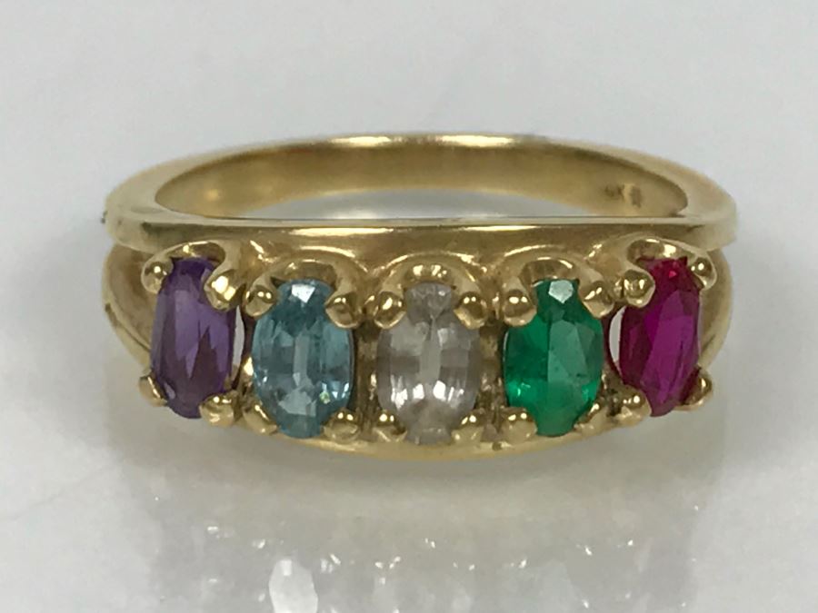 14K Yellow Gold Sentimental Mothers Ring Simulated And Semi-Precious Stones 4.2g [Photo 12]