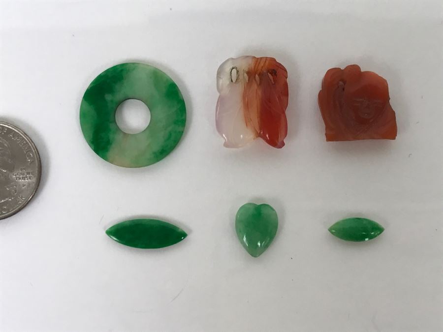 Collection Of (6) Vintage Jade Stone Jewelry Items  [Photo 2]