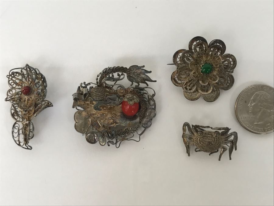 Vintage Silver Wire Hand Assembled Brooches Pins With Stones Dragon Serpent And Crab 21.9g [Photo 3]
