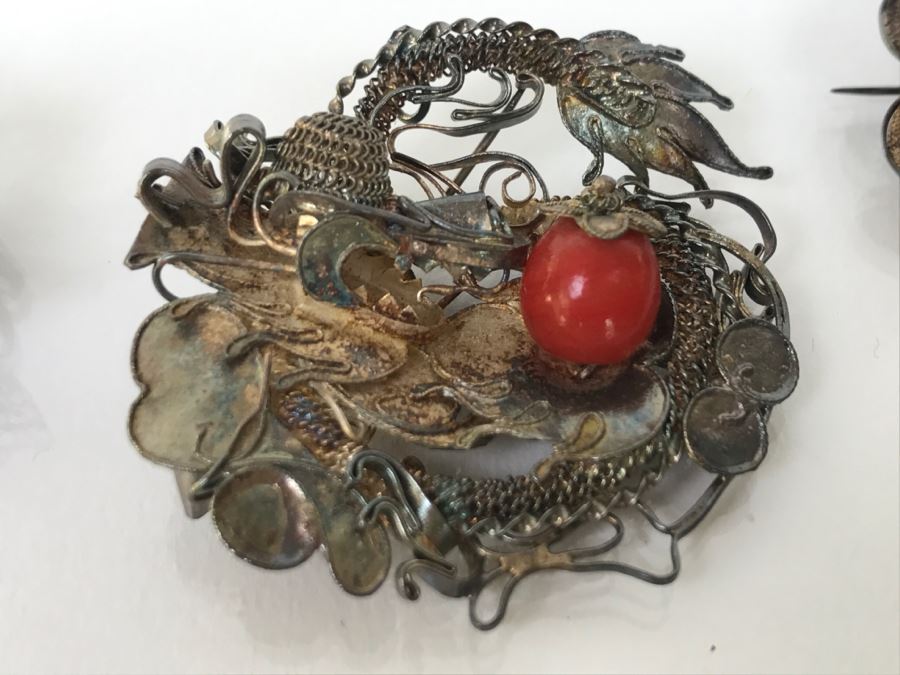 Vintage Silver Wire Hand Assembled Brooches Pins With Stones Dragon Serpent And Crab 21.9g [Photo 6]