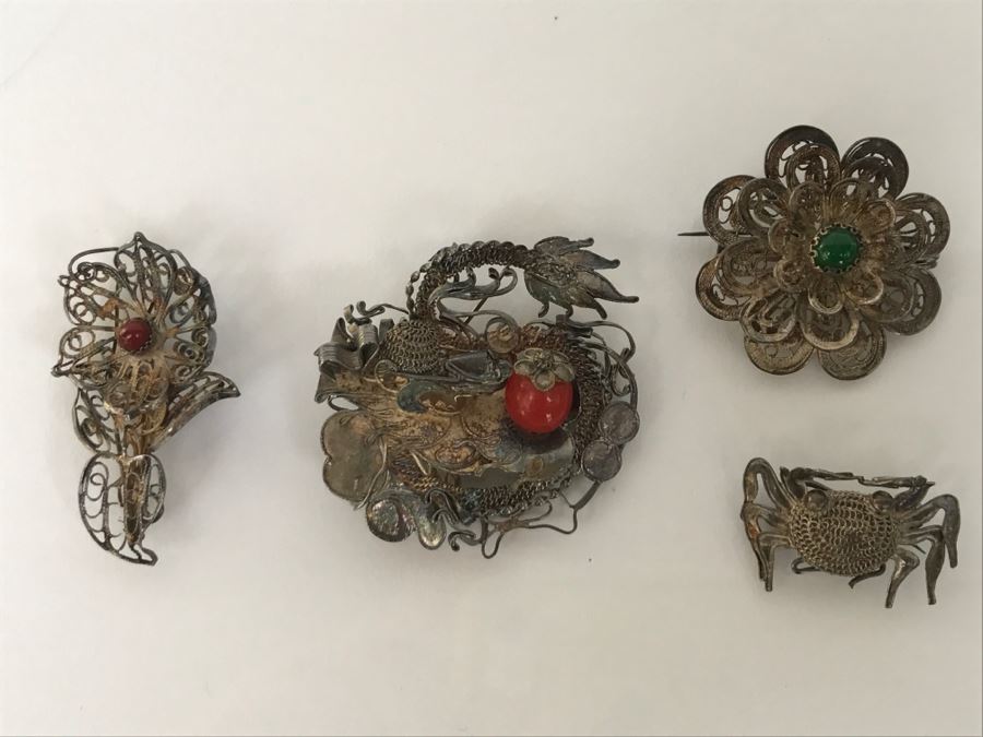 Vintage Silver Wire Hand Assembled Brooches Pins With Stones Dragon Serpent And Crab 21.9g