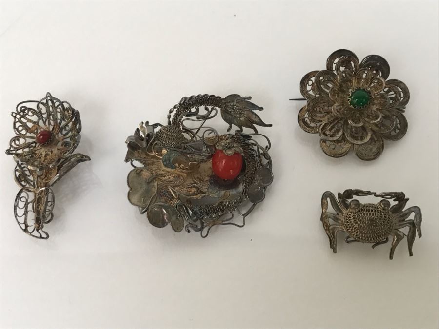Vintage Silver Wire Hand Assembled Brooches Pins With Stones Dragon Serpent And Crab 21.9g [Photo 2]