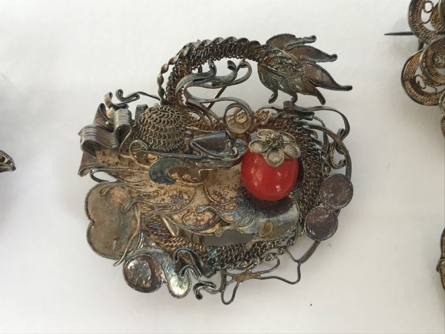 Vintage Silver Wire Hand Assembled Brooches Pins With Stones Dragon Serpent And Crab 21.9g [Photo 5]