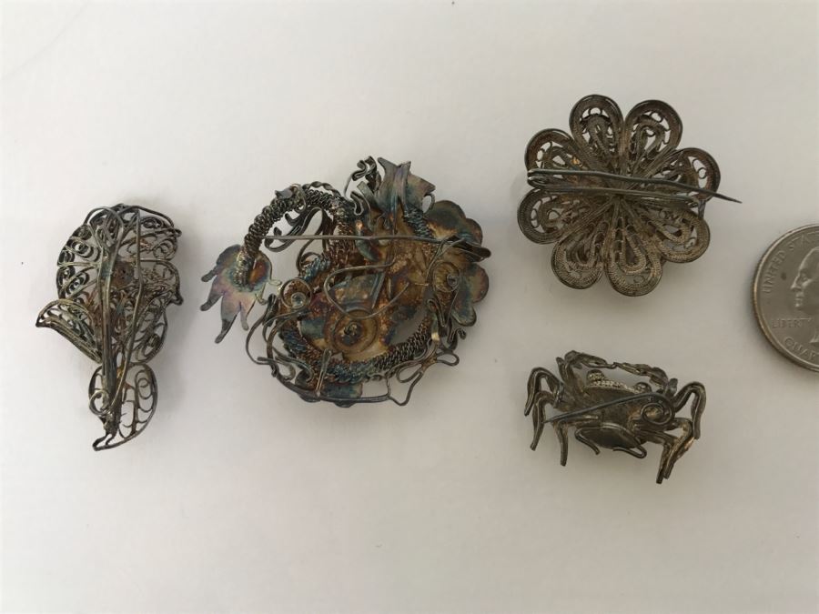 Vintage Silver Wire Hand Assembled Brooches Pins With Stones Dragon Serpent And Crab 21.9g [Photo 12]