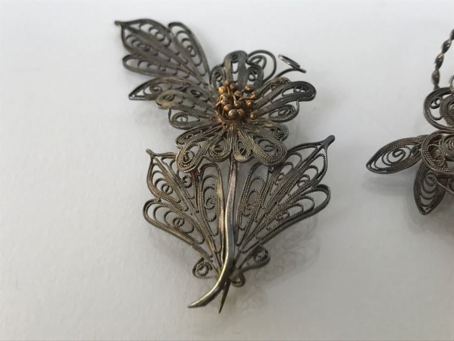 Pair Of Silver Wire Hand Assembled Floral Brooches Pins 9.3g [Photo 6]