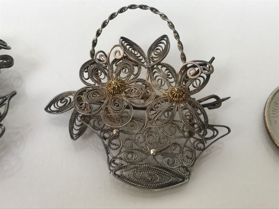 Pair Of Silver Wire Hand Assembled Floral Brooches Pins 9.3g [Photo 3]