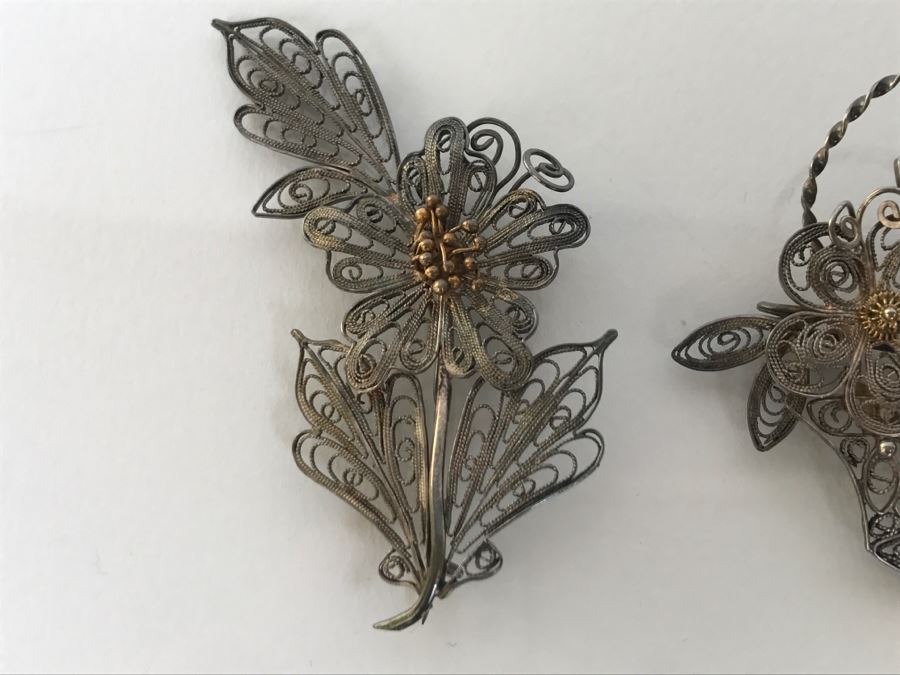 Pair Of Silver Wire Hand Assembled Floral Brooches Pins 9.3g [Photo 4]
